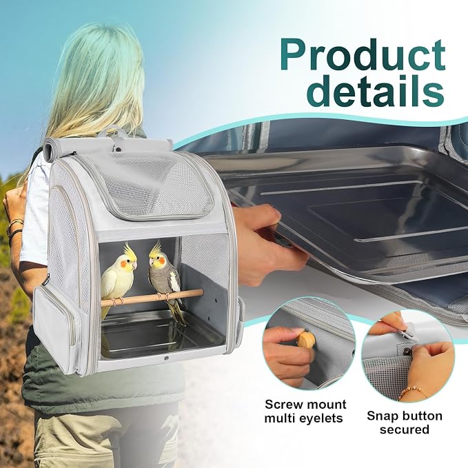 Bird Carrier Backpack for Small to Meidum Bird, Portable Travel Carrier Cage with Standing Perch and Metal Tray (Grey, Backpack Carrier) - Image 6