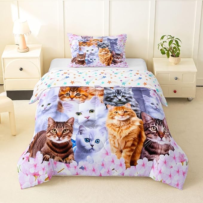Feelyou Kids Cartoon Cat Toddler Bedding Set Cute Animal Flowers Comforter Set Boys Girls Pet Cat Lovers Pink Decor Duvet Quilt with 2 Pillowcases 3Pcs Bedding Full - Image 8