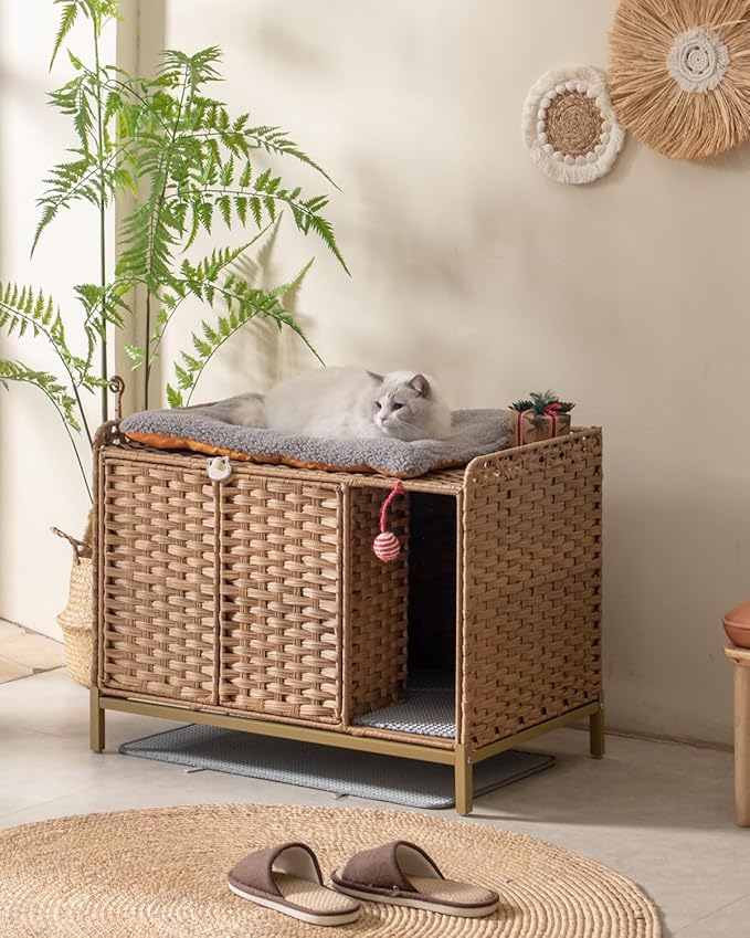 SETVSON Litter Box Enclosure Furniture with Divider, Cat Cabinet, Natural | Handwoven PE Rattan with Soft Litter Mat, 3.54-In Heightened Metal Feet, 2 S-Hooks, 31.2 x 19.6 x 24.2 In Spacious - Image 6