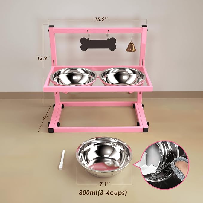 SHAINFUN Elevated Bowls for Small and Medium Dogs, Raised Stand With 2 Stainless Steel Food & Water Bowls, Adjustable Height Feeder for Puppy & Cats, Cute Pink - Image 5