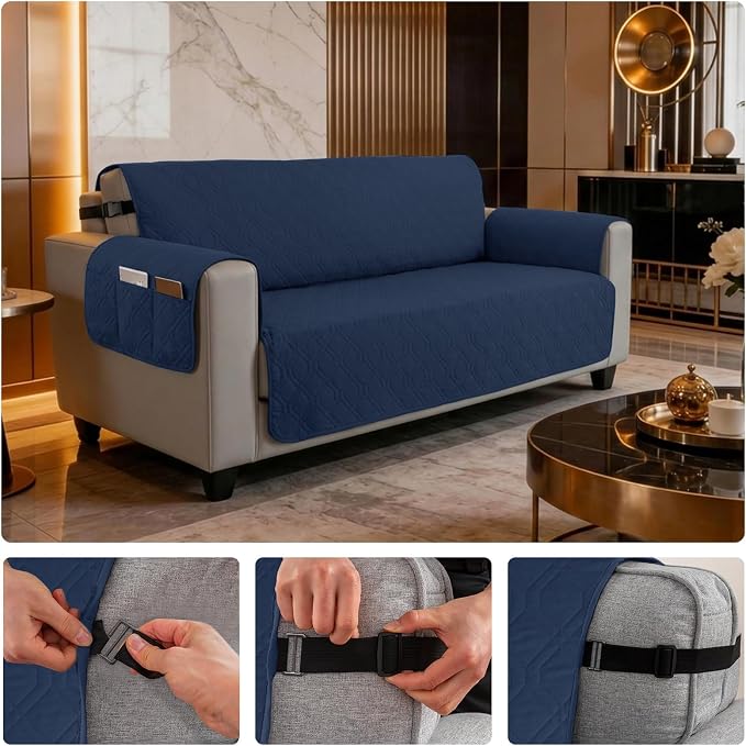 100% Waterproof Quilted Couch Cover,Straps&Pockets,68" Navyblue | Washable sofa cover, pet-friendly, scratch-resistant furniture protector, quilted sofa cover, reversible, non-slip backing. - Image 6