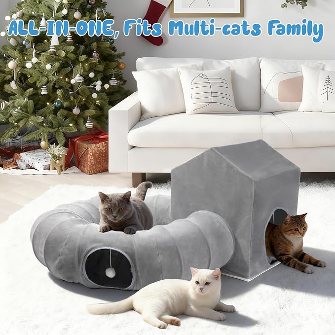 Pawaboo Cat Tunnel Bed for Indoor Cats, Cute Cat Donut Tunnel with Square House, Peekaboo Pet Cave Play Tunnels with Cave for Kitten/Rabbit, Dark Gray - Image 8