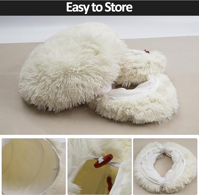 White Fluffy Warm Plush Cat Round Tunnel Tube, Soft Collapsible Multi-Combinations Cat Donuts Bed for Kitty Kitten Puppy Rabbit Ferret (White) - Image 8