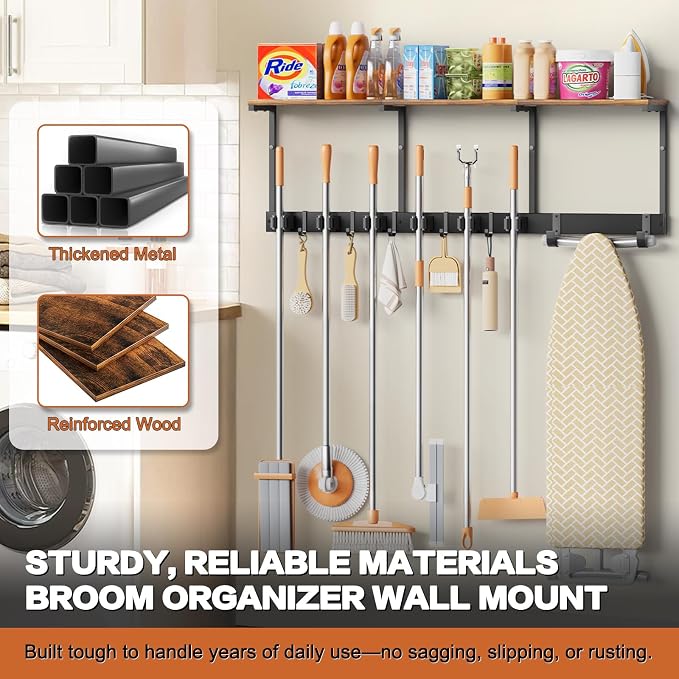 Broom Holder Wall Mount with Cleaning Supplies Organizer, Laundry Room Organization and Storage Shelves with Ironing Board Holder, Mop Hanger Broom Rack with Hooks, Home Improvement Garage Organizer - Image 7
