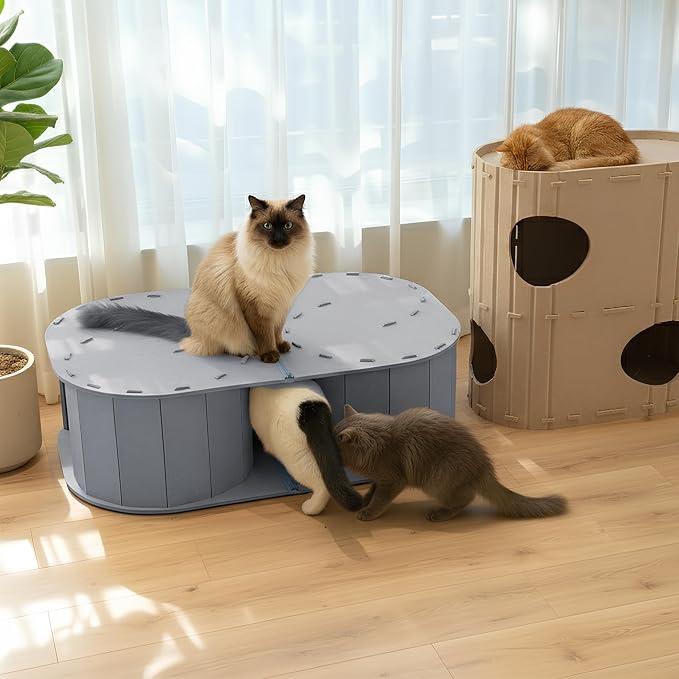 PETKARAY Large Felt Cat Tunnel, Double S-Shaped Hideaway for Indoor Cats, Interactive Cat Bed Cave and Hideout, 34x22.8x10.2 inches Grey - Image 7
