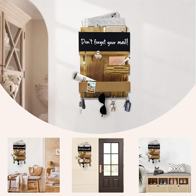 Mail Organizer Wall Mount,Key Holder Mail and Key Organizer for Wall with Shelf, Chalkboard, Corkboard, Home Decor for Room Office Entryway(Light Wood) - Image 8