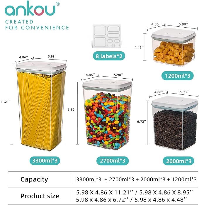 Ankou Pop Airtight Food Storage Containers with Lids for Kitchen Pantry Organizing Stackable Container for Cereal Snack Flour Sugar Coffee Spaghetti -12 Pcs(1.2, 2.0, 2.7, 3.3qt)*3 - Image 6