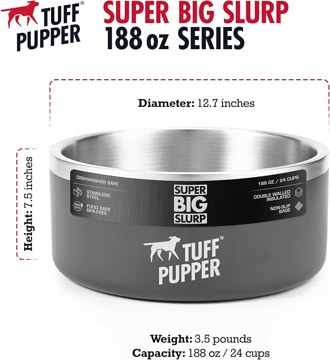 Tuff Pupper Heavy Duty Insulated Dog Bowl | Double Wall Stainless Steel Dog Food Dish | Non-Slip Spill Proof Dishwasher Safe Cat Bowl | Water Dish for Feeding Large Medium Small Pets (188oz, Grey) - Image 7