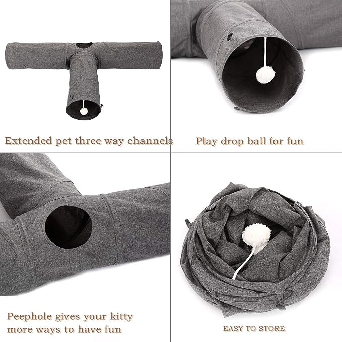 Ownpets Cat Tunnel, 3 Way Collapsible Kitty Tunnel 47 inch Long Cat Tube with Plush Ball & Feather Toy, Cat Play Tunnel for Indoor Cat, Kitten, Rabbit - Image 9