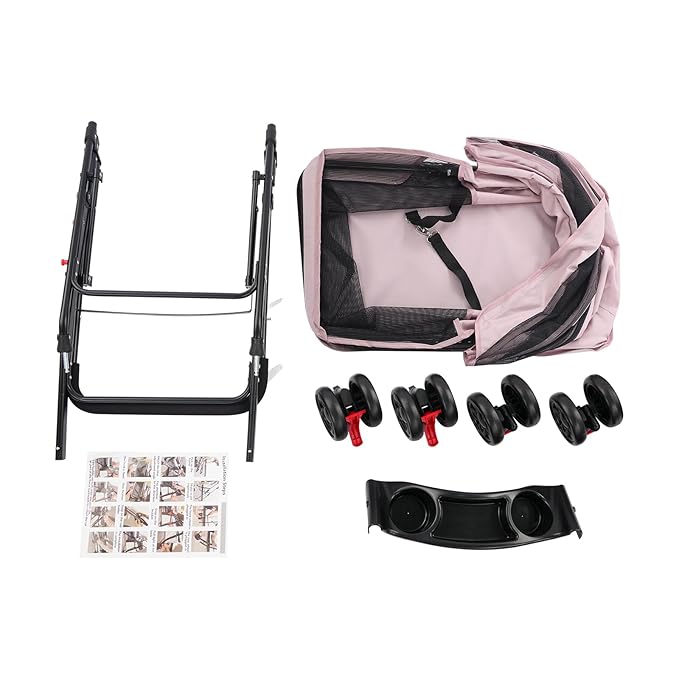 Dog Stroller with Casters, 40LBS Capacity Foldable Cat Pet Stroller with Storage Basket&Cup Holder, Foam Handle, Steel Frame for Small Medium Dogs Cats(Pink)