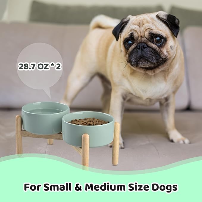 SPUNKYJUNKY Ceramics Raised Dog Bowls with Wooden Stand - Elevated Bowls for Small Medium Dogs (Double 28.7OZ, Light Green) - Image 7