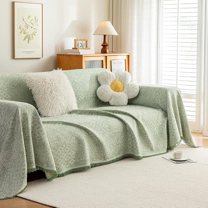ROOMLIFE Green Sofa Cover, Vintage Boho Couch Cover for 3 Cushion Sofa, Soft Breathable Sofa Cover for Dog, Washable Furniture Sofa Protector Cover Blanket with Tassel for Living Room, 71 '' X 118'' - Image 9