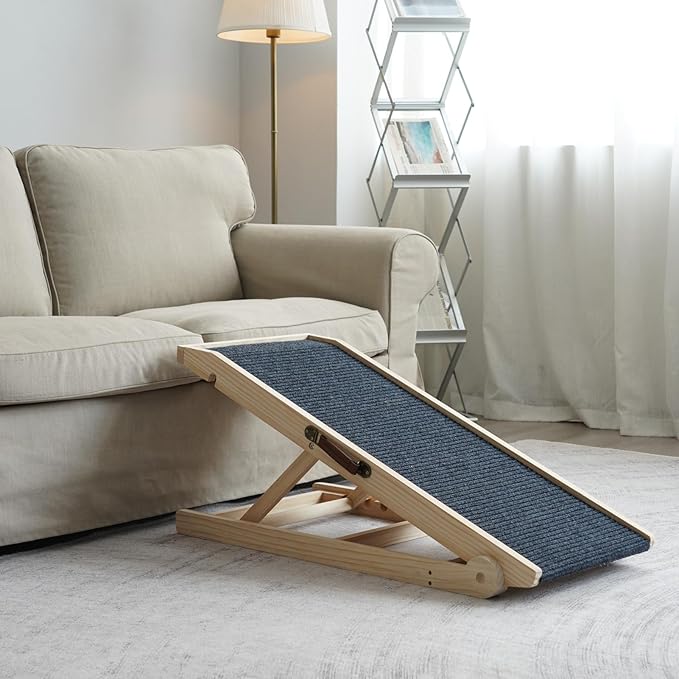 Dog Ramp for Bed Couch - Pet Steps Stairs to Get on Bed Couch 11.8"-27.5" High for Small or Large Dog Up to 200 lbs, Adjustable Wooden Dog Ramp Steps Foldable Portable, Anti-Slip Carpet (L-Natural)