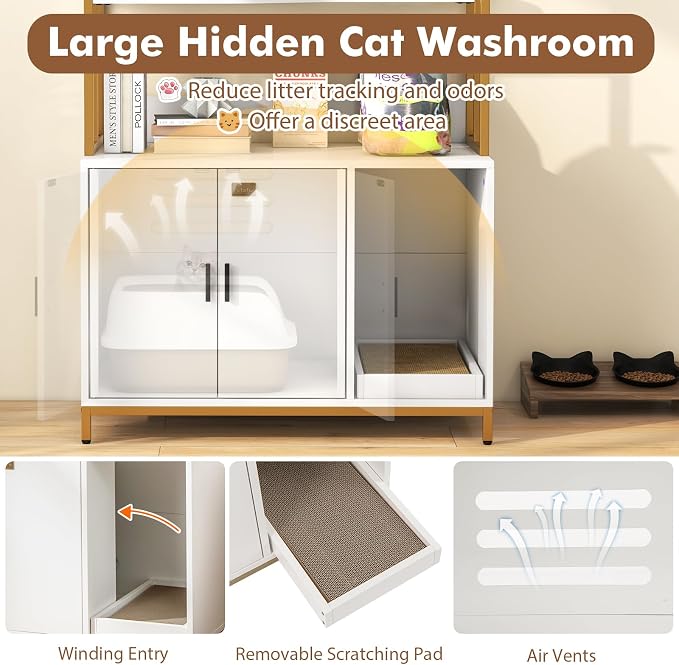 PETSITE Cat Litter Box Furniture with 3 Shelves and Doors, 61 inch Tall Cat Box Enclosure with Display Shelves, Scratching Pad, Indoor Hidden Litter Box with Decorative Storage Shelving (White) - Image 9