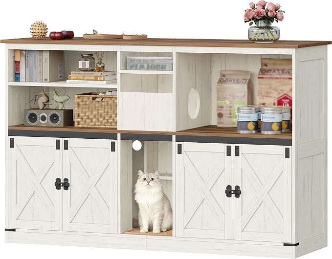Hzuaneri Double Cat Litter Box Enclosure for 2 Cats, Cat Cabinet with Large Storage Space, Hidden Litter Box with Scratch Pad, Farmhouse Cats House, TV Stand End Table, Rustic Brown and White CB97014X - Image 9