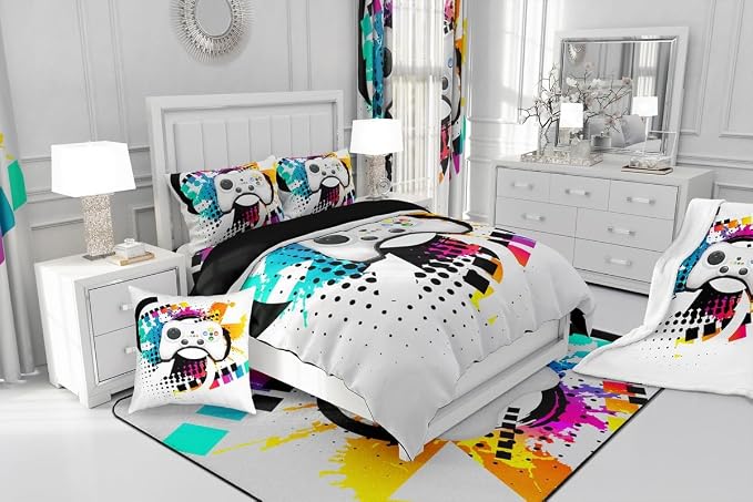 Kids Gaming Comforter Set King Gamer Bedding Set, Modern Console Game Controller Duvet Set for Boys Girls Teens, White Gamepad Quilt Set, Tie Dye Colorful Comforter Set Grey White Soft Bedding Set - Image 8
