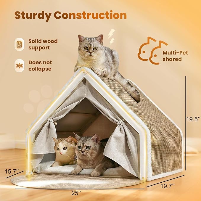 Cat Houses for Indoor Cats - Large Cat Bed Cave with Natural Sisal Cat Scratcher Mat, Solid Wood Frame Cat House with Curtains and Cat Floor Scratching Pad Rug, Protect Couch and Carpets, L - Image 5