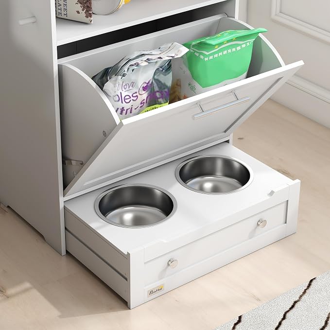 PawHut Dog Feeding Station with Raised Bowls, Pet Feeder Station, White | Dog Food Storage Cabinet, Hanger for Feeding & Watering Supplies - Image 9