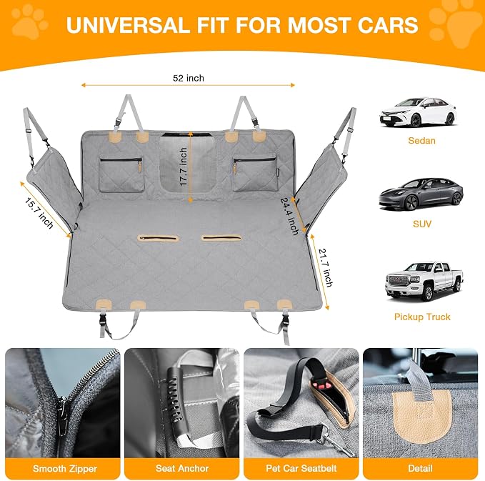 Dog Car Seat Cover for Back Seat, Hard Bottom Back Seat Extender for Dogs, Waterproof Car Hammock, Backseat Bed and Car Seat Protector, Nonslip Fit for Cars, SUVs, Trucks, 52 x 25 in, Gray - Image 7