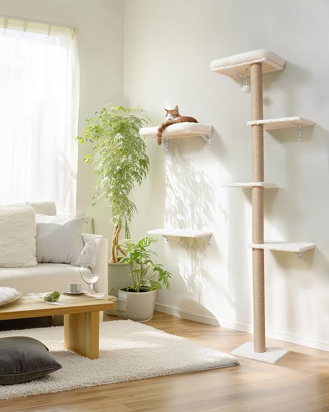 FUKUMARU Cat Wall Shelves Set, 70 inch Wall Mounted Tree, Beige | Kitten Scratching Post with Soft Cushion Perch, Space Saving Climbing Wall Furniture for 16 Inch Drywall - Image 8