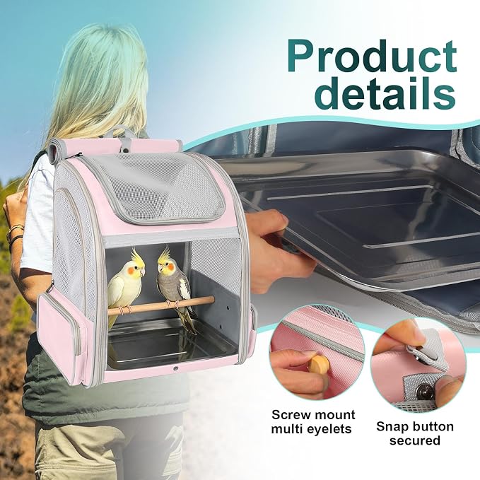 Bird Carrier Backpack for Small to Meidum Bird, Portable Travel Carrier Cage with Standing Perch and Metal Tray (Pink, Backpack Carrier) - Image 6