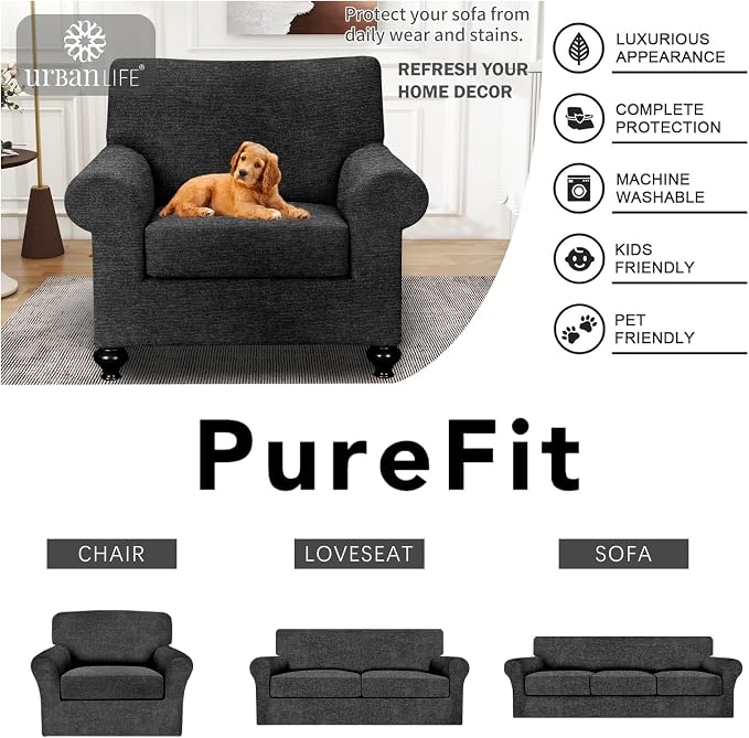 URBANLIFE 2-Piece Stretch Sofa Covers for 1 Cushion Couch, Black | Super fitted spandex slipcovers for couches. Non-slip elastic bottom. Machine washable furniture protector for kids & pets. - Image 7