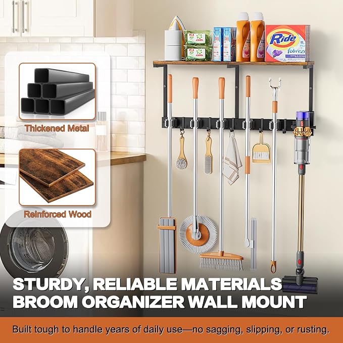 Broom Holder Wall Mount with Cleaning Supplies Organizer, Laundry Room Organization and Storage Shelves with Mop Hanger Rack Gripper Hooks, Utility Shelf Closet Organizer for Home Garage Kitchen - Image 6