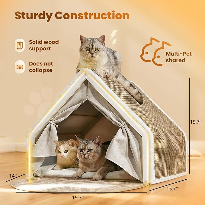 Cat Houses for Indoor Cats - 4 Seasons Cat Bed Cave with Natural Sisal Cat Scratcher Mat, Solid Wood Frame Cat House with Curtains and Cat Floor Scratching Pad Rug, Protect Couch and Carpets, M - Image 5