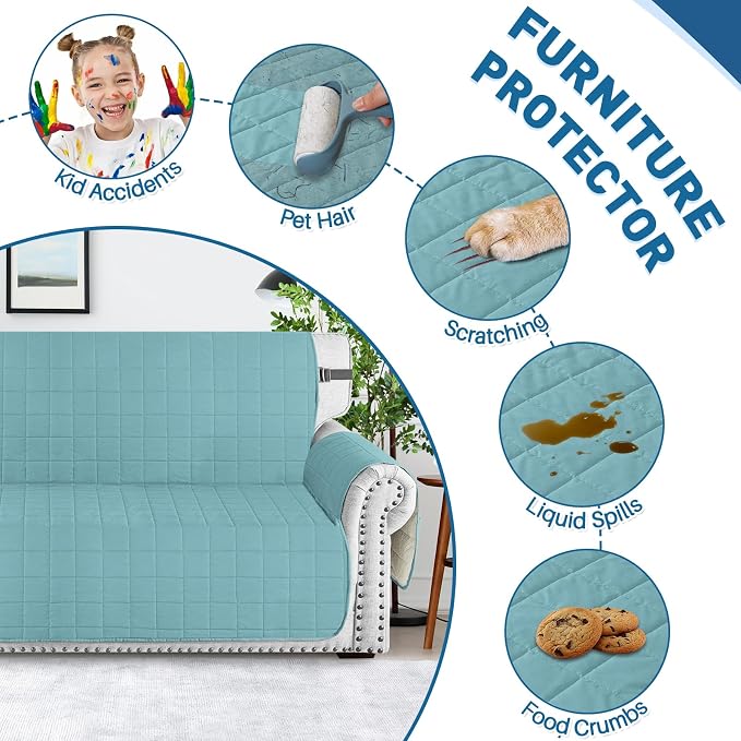 MAXIJIN Waterproof Couch Covers for 3 Cushion Couch Sofa Pet Friendly, 69" Quilted Sofa Covers Washable Dog Couch Cover Protector with Elastic Strap & Side Pocket (Sofa, Clear Blue New) - Image 7