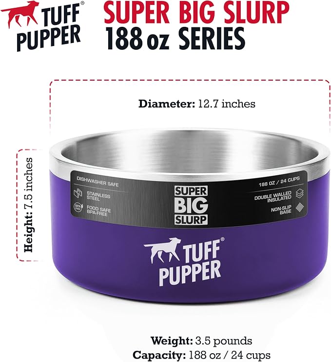 Tuff Pupper Heavy Duty Insulated Dog Bowl | Double Wall Stainless Steel Dog Food Dish | Non-Slip Spill Proof Dishwasher Safe Cat Bowl | Water Dish for Feeding Large Medium Small Pets (188oz, Purple) - Image 7