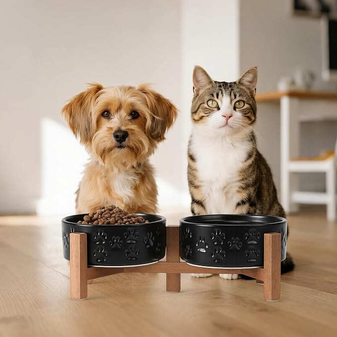 SPUNKYJUNKY Ceramic Elevated Dog Bowl Set with Acacia Wood Stand for Food and Water for Cats and Small Dogs (13.52 OZ, Black, Dog Paw Pattern) - Image 7