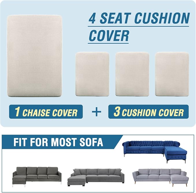 H.VERSAILTEX Sectional Couch Covers 4 Pieces Sofa Seat Cushion Covers L Shape Separate Cushion Couch Chaise Cover for Both Left/Right Sectional Couch (Seat Only: 1 Chaise + 3 Sofa, Ivory) - Image 8