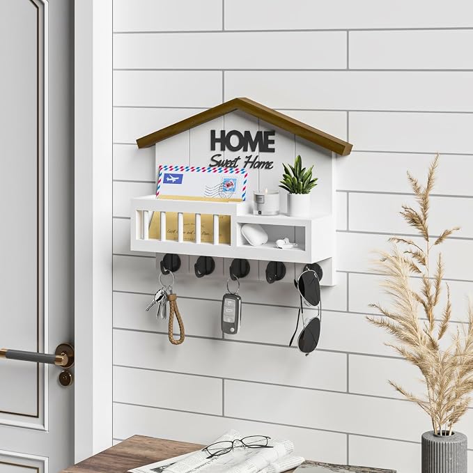 Key and Mail Holder for Wall, Wall Key Holder with Shelf, Key Rack Wall Mount, Wood Key Holder Wall Mount White, Mail Organizer Wall Mounted, Entryway & Front Door Key Holder with 5 Hooks - Image 6