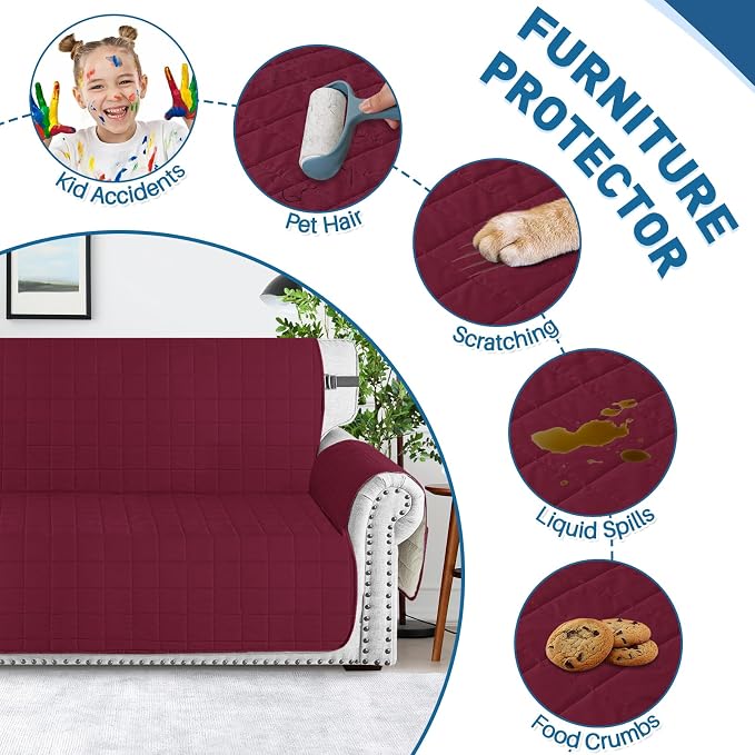 MAXIJIN Waterproof Couch Covers for 3 Cushion Couch Sofa Pet Friendly, 69" Quilted Sofa Covers Washable Dog Couch Cover Protector with Elastic Strap & Side Pocket (Sofa, Wine Red) - Image 7
