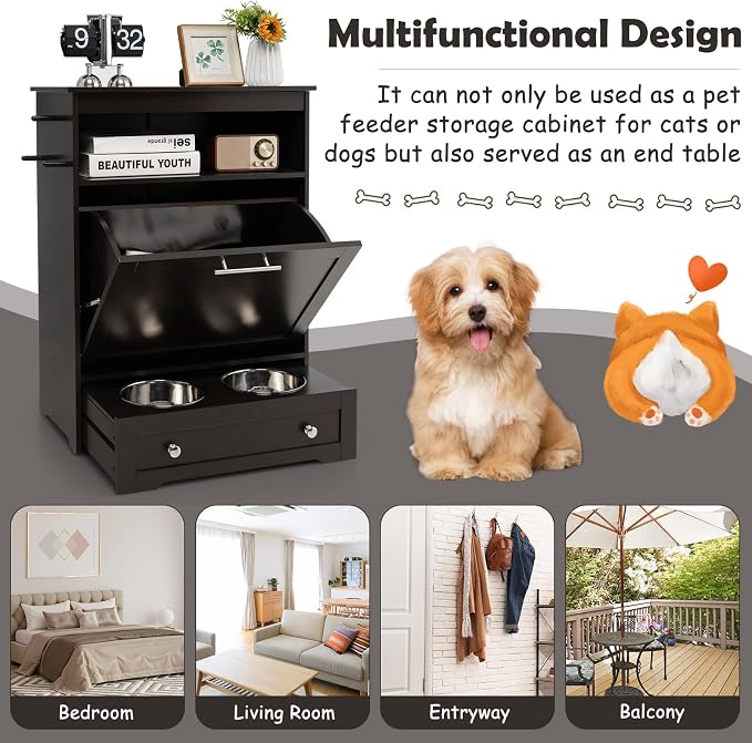 Dog Food Cabinet Feeding Station with 2 Raised Bowls, Pull Out Elevated Dog Bowl, Storage, 3 Hangers, Pet Feeder Toy Leashes Organizer, Brown - Image 8