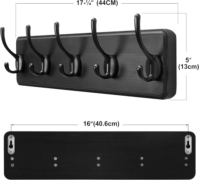 SKOLOO Rustic Wall Mounted Coat Rack, Pine Solid Wood Coat Hook Hanger - 5 Hooks for Hanging Clothes Robes Towels Coats - Image 6