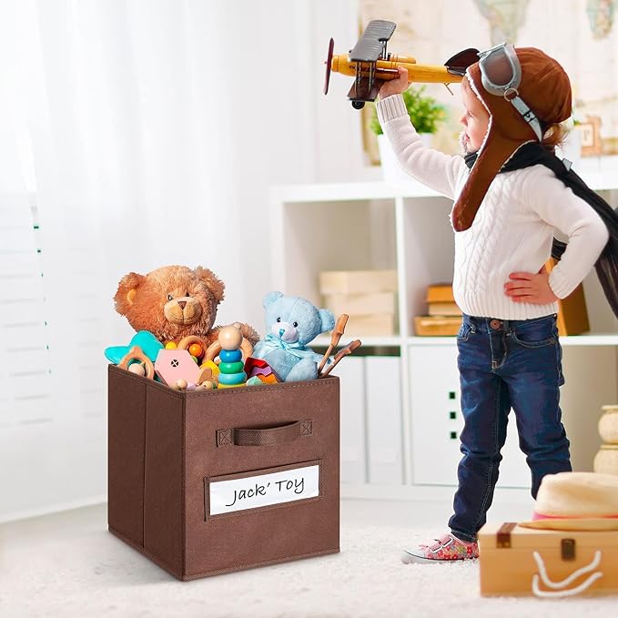 13x13x13 storage cube bins (Set of 10) Fabric storage cubes with 10 Labels Window Cards & a Pen, storage cubes 13x13, Collapsible 13 inch cube storage bins, Cubby Organizer Boxes, Brown - Image 5