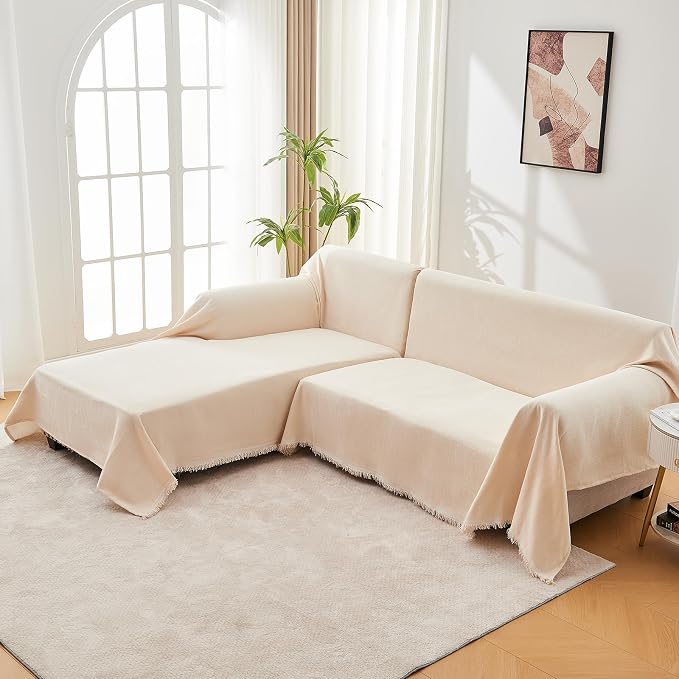 Sofa Cover for Washable Sectional L Shape, Beige | Couch Covers Protector with Tassel Sofa Slipcover for Pet & Kid Friendly - Image 7