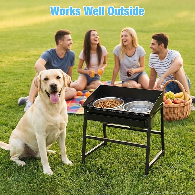 Bobbie & Laxi 15" Tilted Elevated Dog Bowl, Spill-Proof with Plastic Guard | For large dogs; raised stand with smooth plastic edge, 2 stainless steel bowls; 10° tilted stand keeps floors mess-free - Image 9