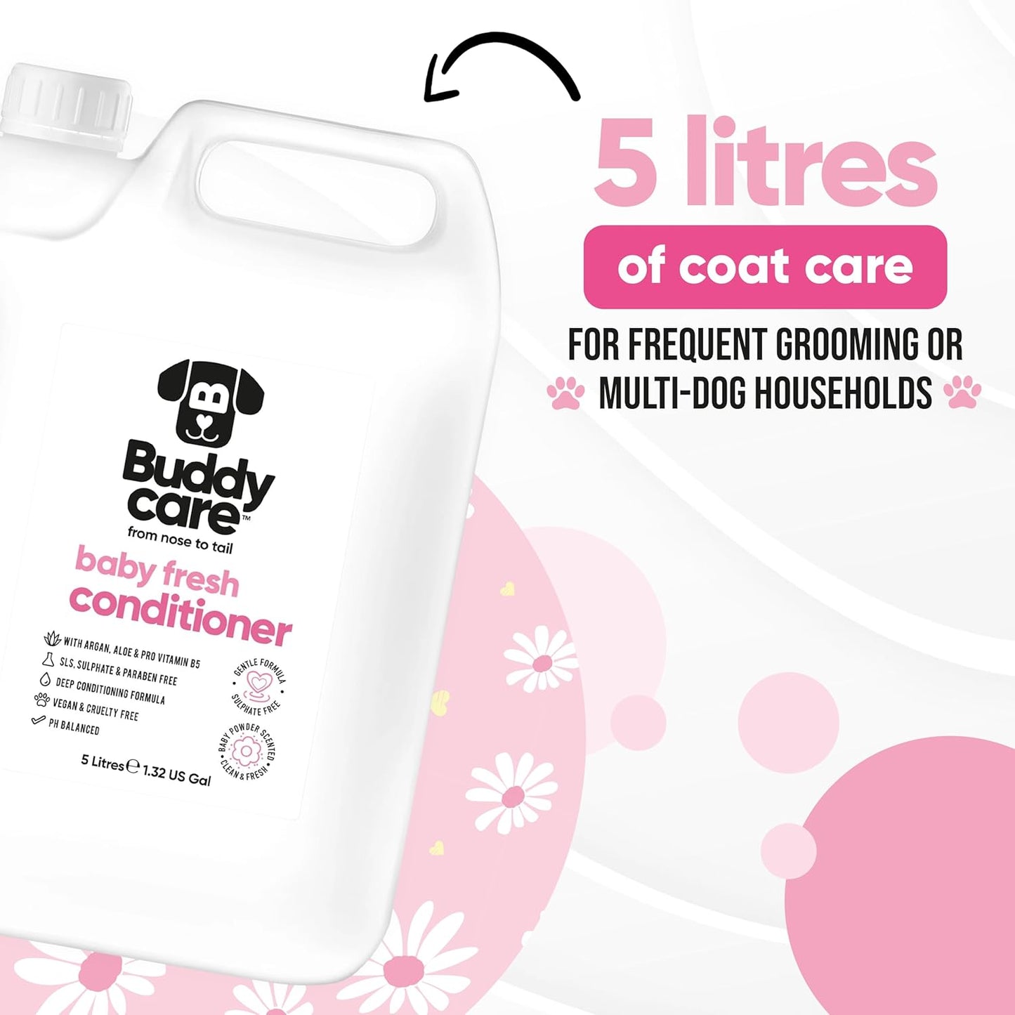 Baby Fresh Dog Conditioner (169.07oz) Made with Aloe Vera, Argan Oil & Pro Vitamin B5 to Detangle Matted Coats & Relieve Sensitive & Itchy Skin, Suitable for Puppies from 8 Weeks, Vegan