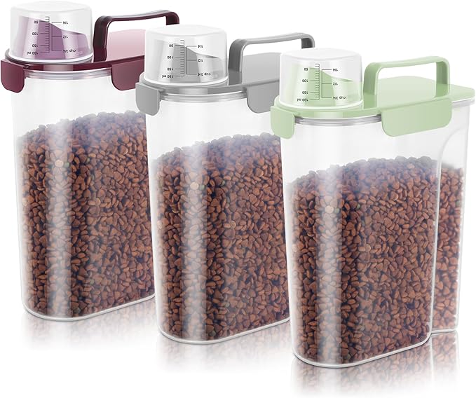 5-7Lbs Portable Cat Dog Food Storage Container with Upgraded Large Spout and Cup Dispenser for Small Large Animal Kibble, Pet Bird snack, Oatmeal, Rice, Flour, Brown Sugar-3 Pack (Purple Gray Green) - Image 8