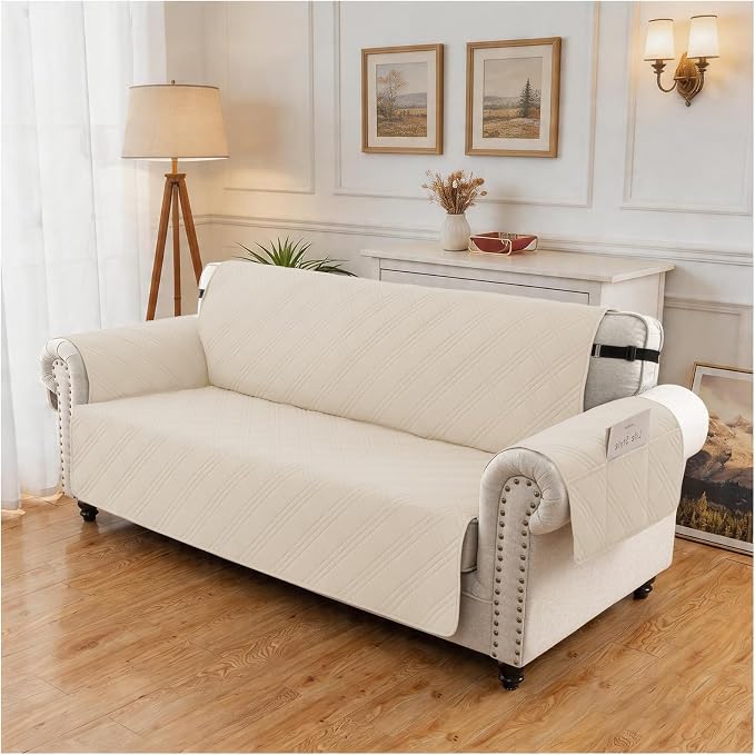 100% Waterproof Couch Cover for Dogs, Washable Anti-Slip Sofa Cover with Elastic Straps & Side Pockets, Quilted Furniture Protector for Kids & Pets (3 Cushion 68", Beige) - Image 8