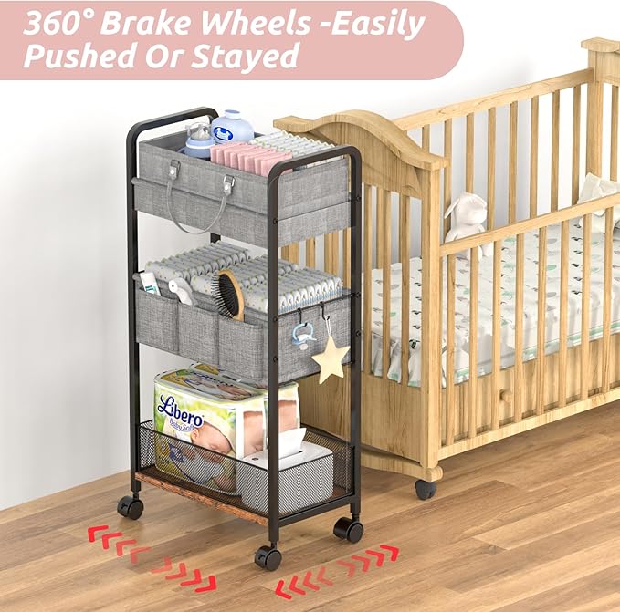 LIDTOP 2In1 Baby Diaper Caddy & 3-Tier Rolling Diaper Cart, Diaper Caddy Organizer Cart with Dividers, Mobile Metal Utility Cart for Nursery Essentials, Detachable Bedside Cart, Large Capacity - Image 7