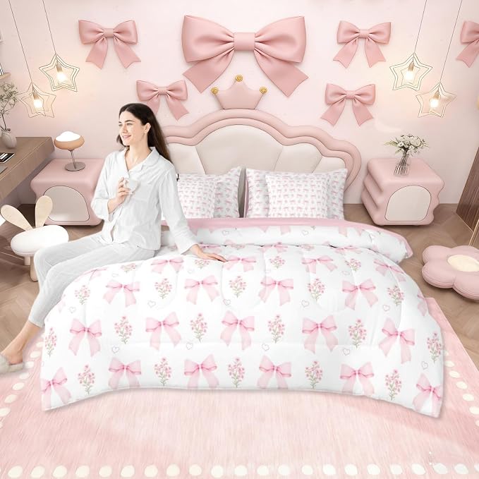 Erosebridal Girls Pink Bow Comforter Set Full Bed in a Bag for Kids,Girly Pink Floral Bowknot Coquette 7 Piece Bedding Sets Cute Bow Ribbon Heart Bed Set Dreamy Princess Sheet Set with Comforter - Image 7