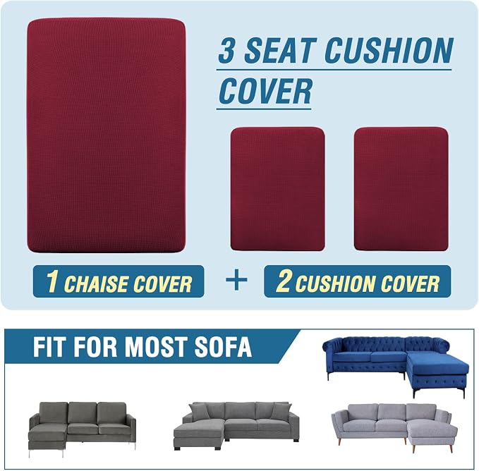 H.VERSAILTEX Sectional Couch Covers 3 Pieces Sofa Seat Cushion Covers L Shape Separate Cushion Couch Chaise Cover for Both Left/Right Sectional Couch (Seat Only: 1 Chaise + 2 Sofa, Burgundy) - Image 8