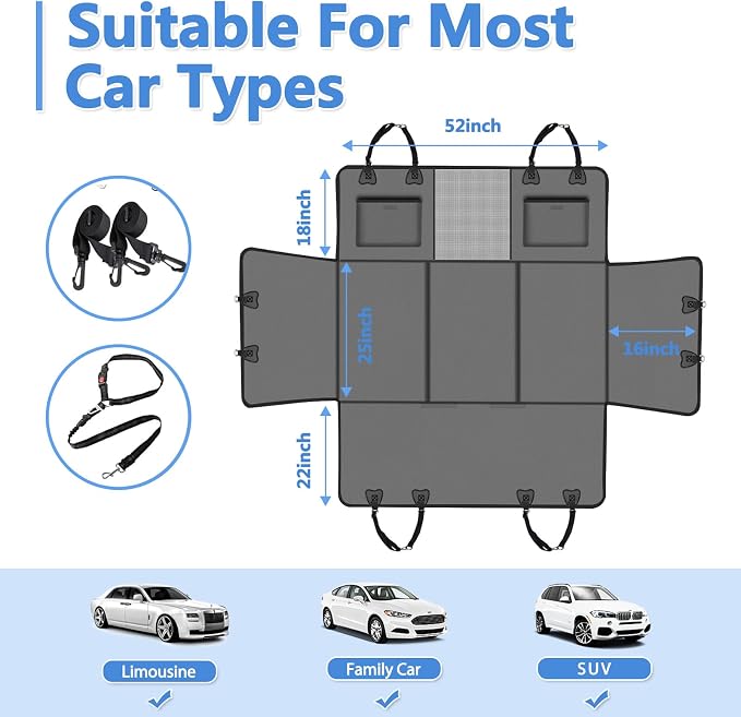 Hard Bottom Dog Car Seat Cover for Back Seat – Waterproof Nonslip Hammock Extender for Trucks & SUVs, Heavy Duty Pet Protector, Gray Faux Leather - Image 6