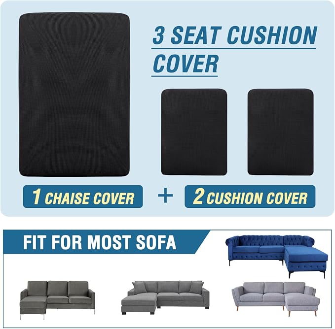 H.VERSAILTEX Sectional Couch Covers 3 Pieces Sofa Seat Cushion Covers L Shape Separate Cushion Couch Chaise Cover for Both Left/Right Sectional Couch (Seat Only: 1 Chaise + 2 Sofa, Black) - Image 8