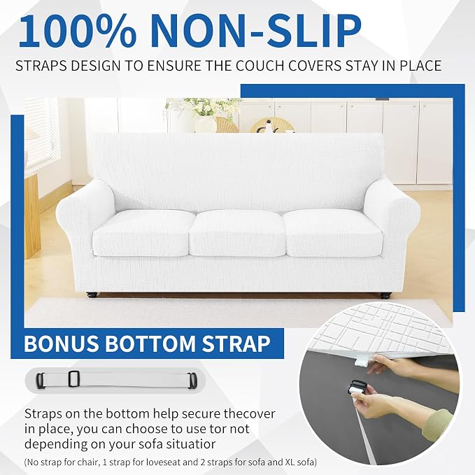 CYCMCAO 4 Piece Stretch Sofa Covers for 3 Cushion Couch, Non Slip Couch Covers for Sofa, Sofa Covers for Pets Washable, Couch Covers for Dogs,Kids (Off-White), 71"-91" (3 Cushion Sofa) - Image 7
