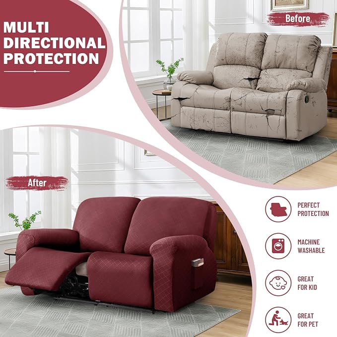 vctops Diamond Recliner Loveseat Slipcover 6-Pieces Stretch Dual Recliner Sofa Covers for 2 Seat Dual Reclining Loveseat Couch Soft Solid Furniture Protector (Wine Red,2 Seat) - Image 5