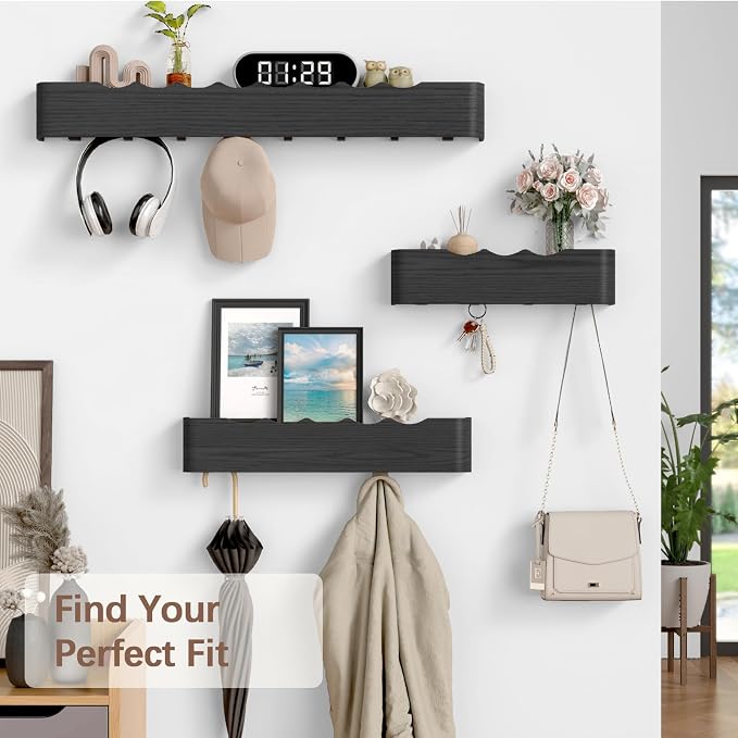 Coat Rack Wall Mount with Hidden Hooks, Wall Hooks with Shelf, Wall Key Holder Mount Wooden Shelf Entryway Hooks for Bedroom Bathroom for Hanging Coats Hats Bags Towels (Black Wave-Shape, 4 Hooks) - Image 7